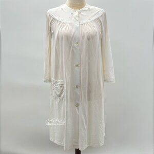 Vintage Shadowline White Button-Up Nightgown with Embroidered Collar & Pocket